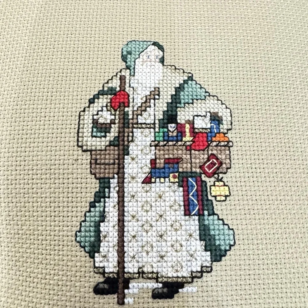 Vintage‎ Handmade Cross Stitch Christmas Pillow Santa Claus Ruffled Trim